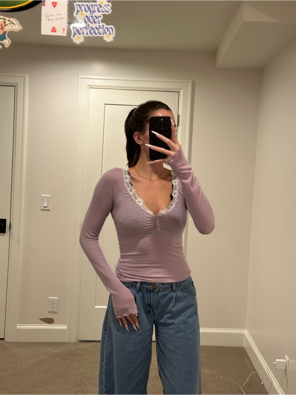 Urban Outfitters Lavender Lace-Trim Ribbed Henley